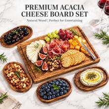 5-Piece Set Acacia Wood Platter Set, Portable Cheese Serving Tray, Suitable For Sausage, Snacks, Cured Meats And Appetizers, Picnic And Gift Kitchen Serving Tray. Ideal Gift For Housewarming, Wedding, Family Gathering, Date Night. This Durable Cheese Cutting Board Is Perfect For Kitchen, RV Travel And Various Celebrations. - View 1