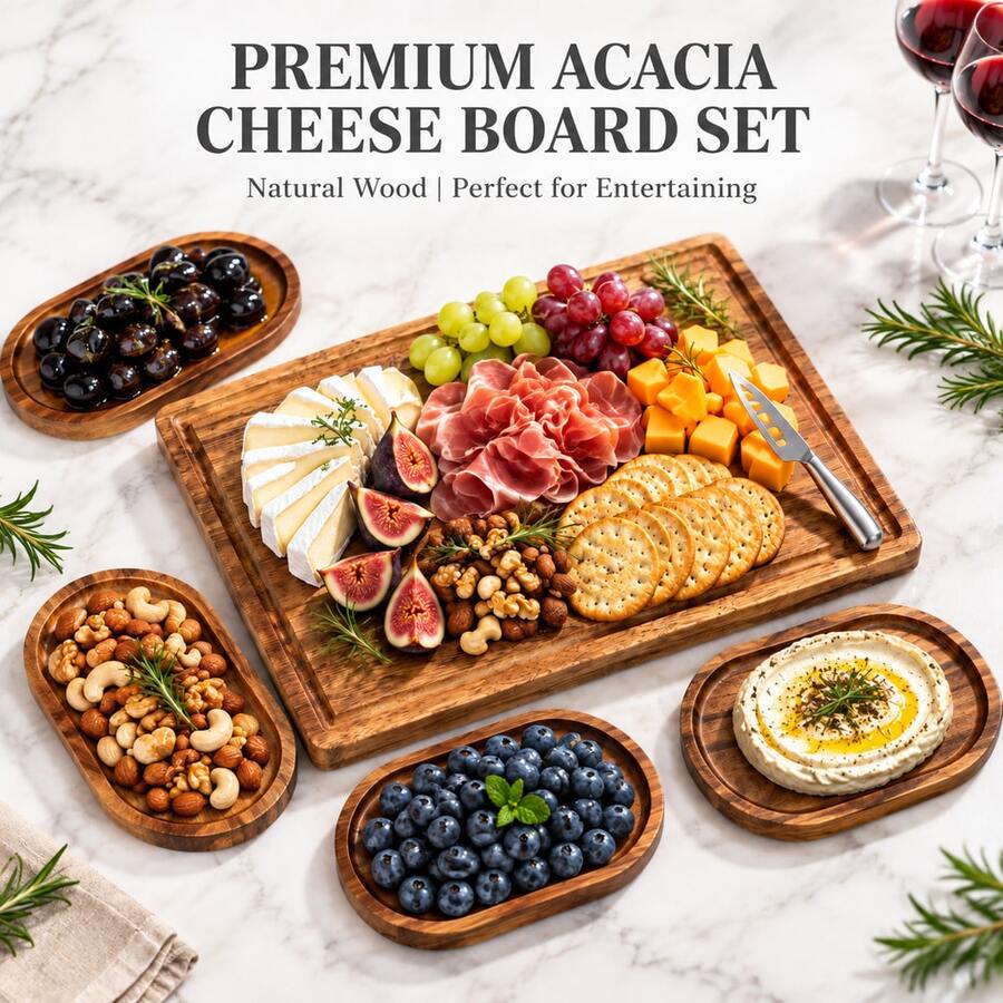 5-Piece Set Acacia Wood Platter Set, Portable Cheese Serving Tray, Suitable For Sausage, Snacks, Cured Meats And Appetizers, Picnic And Gift Kitchen Serving Tray. Ideal Gift For Housewarming, Wedding, Family Gathering, Date Night. This Durable Cheese Cutting Board Is Perfect For Kitchen, RV Travel And Various Celebrations. - View 1