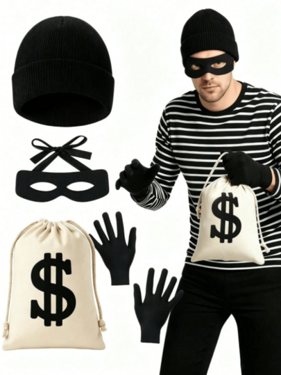 5pcs Thief Costume Set, Includes Bandit Mask, Money Bag, Hat, Gloves, Unisex, Suitable For Thief Theme Role Play, Costume Party, Holiday Party, Excellent Costume Accessories, Halloween