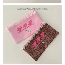 Reversible Leopard Pattern Canvas Storage Pouch With Lace Detail, Zipper Closure Multipurpose Organizer Bag, Portable Cosmetic & Stationery Carry Pouch - A - View 2
