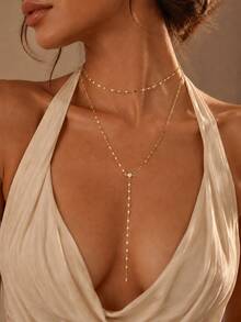1pc Fashionable Personalized Gold Rhinestone Y-Shaped Necklace, Minimalist Thin Chain Long Tassel Dangle Collarbone Necklace, Elegant Women's Neck Jewelry Dress Accessory, Suitable For Dating, Wedding, Party, Holiday And Daily Commute, Perfect Gift - Gold - View 5