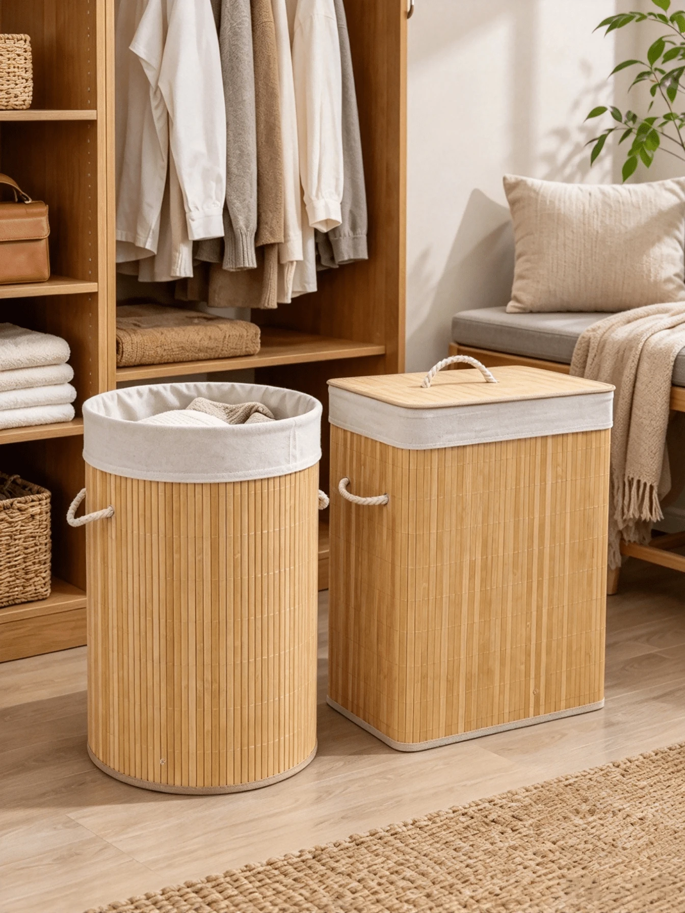 Bamboo Laundry Basket, Large Capacity Storage Hamper With Lid, Rope Handles & Removable Liner, Rectangular & Round Available, Great For Bathroom, Bedroom & Closet Storage, Home Decor For Autumn & Christmas - Random Color - View 1