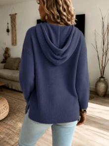 Plus Size Women's Navy Blue Cable Knit Hooded Drawstring Drop Shoulder Long Sleeve Pullover Sweater, Autumn/Winter - Royal Blue - View 2