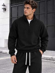 2pcs Men's Casual Sweatshirt Set, Fashionable Unique Solid Color Design, Half Zip, Slanted Pockets And Drawstring Detail, Perfect For Daily Casual Wear, Stylish Minimalist Outings, Commuting And Street Style, Suitable For Spring Autumn Winter Seasons, Can Be Used As Halloween Christmas Gift For Men - Black - View 3