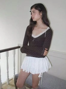 French Lace Polka Dot Ruffle V-Neck Long Sleeve Women's Autumn Fitted Slim Fit Camisole Top - Brown - View 9