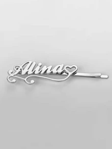 Women's Fashion Customized Name Tag Hair Clip, Exquisite Minimalist Personalized Heart Ribbon Hair Pin, Stainless Steel Jewelry, Banquet Wedding Hair Accessory - As Shown - View 7