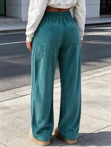 Women's Casual Corduroy Wide Leg Pants, Elastic Waist Drawstring Label Decor Loose Long Pants, Autumn/Winter Loose Street Style With Pockets Halloween Pants - Blue - View 4