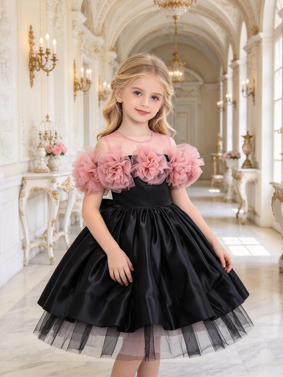 Young Girl Single Piece Contrast Mesh 3D Floral Decor Off-Shoulder Party Dress - Black - View 1