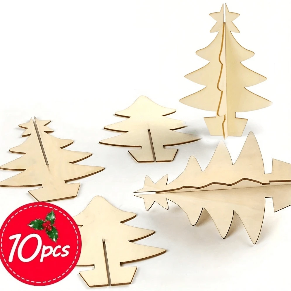 10pcs Christmas Tree Wooden Crafts DIY 3D Christmas Tree Sign Christmas Craft Decorations Blank Wooden Pieces Desktop Decor Christmas Holiday Desktop Gift Only Separate Wooden Pieces - A - View 1