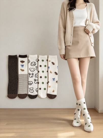 1/5 pares de calcetines cómodos y versátiles de media caña con estampado de dibujos animados de cachorros lindos y lunares para todas las estaciones