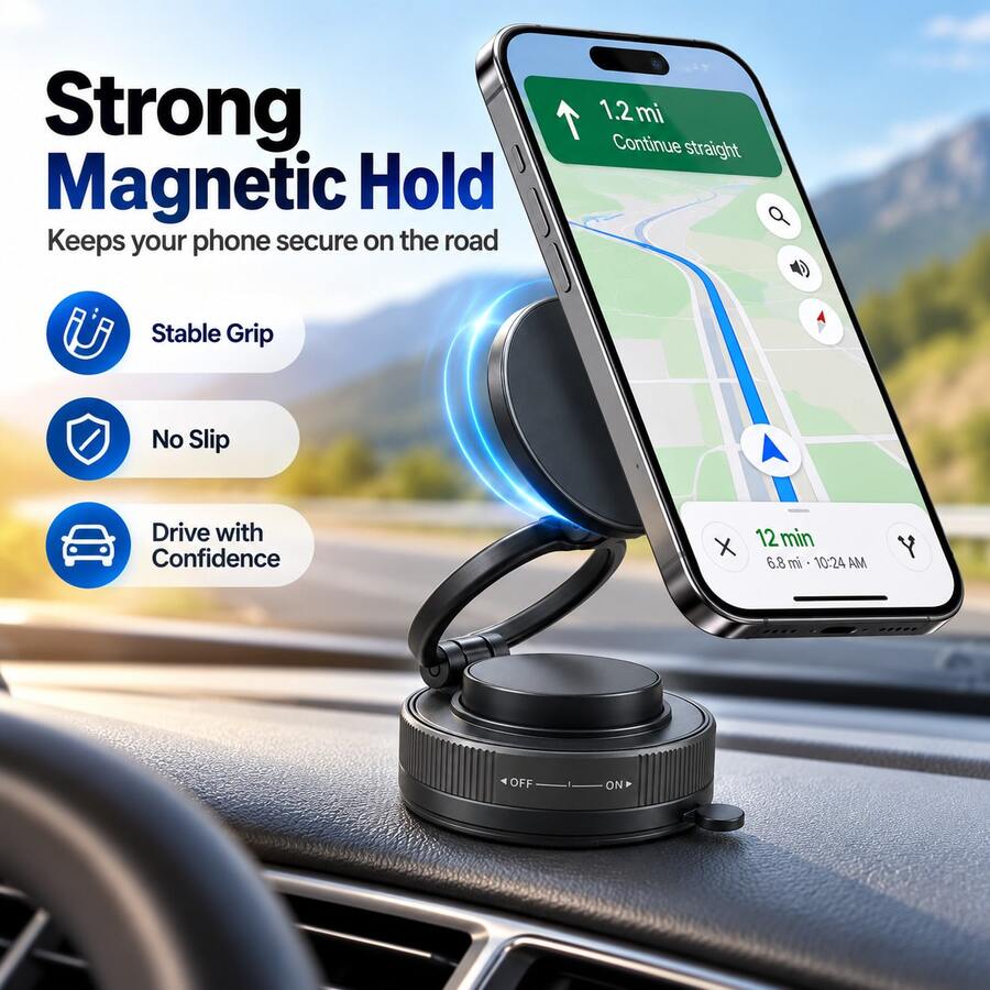 Magnetic Phone Holder, Suction Phone Mount, Car Phone Stand, Foldable Phone Holder, Vacuum Magnetic Base, 360° Rotation, Adjustable Viewing Angle, Aluminum Alloy, Compact Design For Car, Desk, Kitchen, Bathroom, Travel And Daily Use - Multicolor - View 1