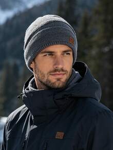 1pc Men's Brimless Knit Beanie With Letter Patch Decor, Thermal Lined - Khaki - View 7