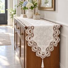 1pc Embroidered Lace Trim Table Runner With Tassel Decor, Suitable For Dining Table, Entryway Table, Side Cabinet, Holiday Decoration & Party Gift, Multiple Size Options - White - View 1