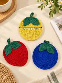 3pcs Colorful Crochet Fruit Coasters With Leaf Design, Cute Coffee Cup Mats, Home Decor, Kitchen Table Decor, Living Room Decor, Autumn Decor, Thanksgiving Table Setting, Christmas Decor, Holiday Gift, Housewarming Gift, Coffee Bar Decor - Multicolor - View 6