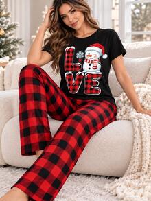 Set 2 piezas  / Conjunto de pijama con top de manga corta con estampado a cuadros y pantalón largo de dormir a cuadros con bolsillos para mujer - Negro - Ver 1