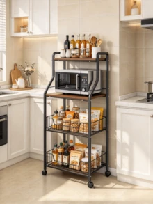 1pc 4-Tier Movable Metal Storage Rack, With Wood Top And Universal Wheels, Wire Storage Baskets, Stable Structure, Space Saving, Floor Standing Storage Rack / Storage Cart, Suitable For Kitchen, Living Room, Bathroom And Dormitory - Multiple Specifications - View 2