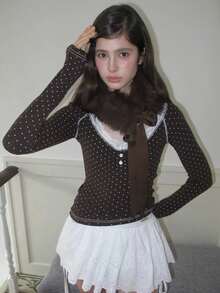 French Lace Polka Dot Ruffle V-Neck Long Sleeve Women's Autumn Fitted Slim Fit Camisole Top - Brown - View 6