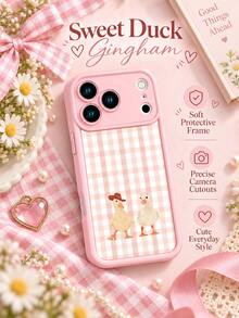 1pc Pink Plaid Duck Print Phone Case, Cute Duck Couple Pattern Square Protective Shell, Sweet Girl Style Pink Border Anti-Drop Phone Case Compatible With IPhone 18 17 16 15 14 13 12 11/Pro/ProMax/X/XR/XS/XSMAX/7/8/PLUS Compatible With Samsung/Honor, - Pink - View 2