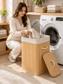 Bamboo Laundry Basket, Large Capacity Storage Hamper With Lid, Rope Handles & Removable Liner, Rectangular & Round Available, Great For Bathroom, Bedroom & Closet Storage, Home Decor For Autumn & Christmas - Random Color - View 4