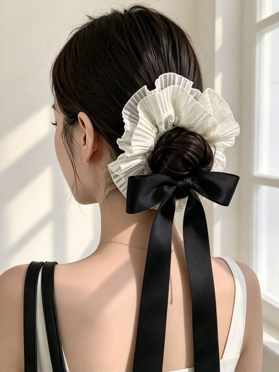 Pleated Lace Oversized Large Intestine Hairband, Versatile And Elegant Ribbon Bow Hair Tie, High-End Elastic Hair Accessory - Multicolor - View 1