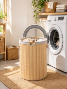 Bamboo Laundry Basket, Large Capacity Storage Hamper With Lid, Rope Handles & Removable Liner, Rectangular & Round Available, Great For Bathroom, Bedroom & Closet Storage, Home Decor For Autumn & Christmas - Random Color - View 7