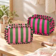Custom Embroidered Striped Ruffle Trim Makeup Bag, Large Capacity Cosmetic Bag, Travel Makeup Organizer For Girl, Perfect Personalized Gift - Multicolor - View 9