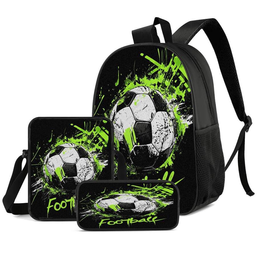 Splatter Football Street Graffiti Style 2D Print 3 Pieces Set, Side Elastic Mesh Pocket Water Bottle Holder, Wide Thick Breathable Adjustable Shoulder Strap, Fashion Football Fan Commute Game-Watching Sports Travel Storage Set - Printed Bag - View 1