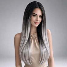 24 Inch Black To Gray Gradient Middle Part Long Straight Hair Wig, Flattering Face Shape, Suitable For Daily Wear, Holiday Parties, Cosplay - Black-grey Gradient - View 1