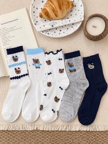 1/5 Pairs College Style Cartoon Bear Jacquard Sweet Comfortable Versatile Mid-Calf Socks - Multicolor - View 16