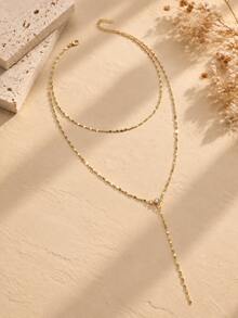 1pc Fashionable Personalized Gold Rhinestone Y-Shaped Necklace, Minimalist Thin Chain Long Tassel Dangle Collarbone Necklace, Elegant Women's Neck Jewelry Dress Accessory, Suitable For Dating, Wedding, Party, Holiday And Daily Commute, Perfect Gift - Gold - View 3