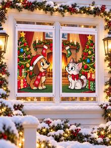 2pcs Christmas Window Decoration Banner, Cute Dog & Cat Printed Polyester Window Decor, Christmas Tree Fireplace Gift Xmas Holiday Home Decoration For Living Room, Bedroom, Party - E - View 7