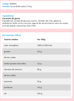 Euros Brillo bolsa 1,5 Kg 250U sin gluten sin grasa Favoritos Guardar Chuchería en forma de divertida y original moneda con delicioso sabor a fresa. Esta chuche creada originalmente por Vidal Golosinas es ideal para disfrutarla en tus momentos favoritos. - Euros Brillo bolsa 1,5 Kg - Ver 5