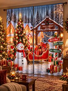 2pcs Christmas Curtains, Santa Claus Snowman Gnome Reindeer Sleigh Snowflake Print, Holiday Polyester Rod Pocket Floor Length Curtains, Soft Decorative Curtain Set, Suitable For Living Room Bedroom Holiday Party Winter Home Decor - A - View 3