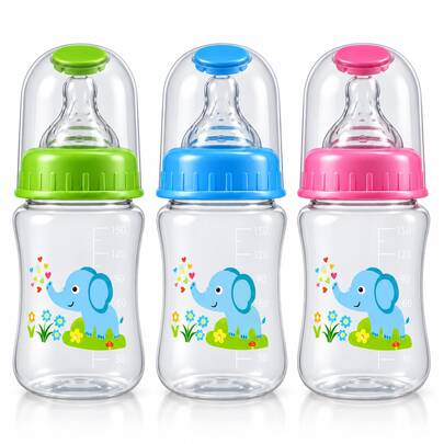 Set de 3 Biberones para Bebé 150 ml, Diseño de Elefante, Colores Verde Azul y Rosa, con Tetina y Tapa Protectora, Desmontables y Fáciles de Limpiar