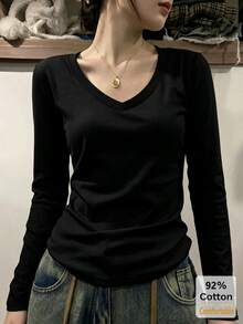 女款黑色V領長袖T恤，秋冬內搭底層上衣，修身顯瘦純色，92%棉 - 黑色 - 查看 3