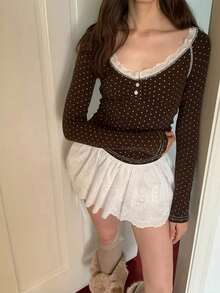French Lace Polka Dot Ruffle V-Neck Long Sleeve Women's Autumn Fitted Slim Fit Camisole Top - Brown - View 7