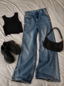1pc Casual Denim Rhinestone Cat Whisker Pattern Mid-Waist Loose Wide Leg Jeans For Women, Suitable For Dating, Autumn/Winter, All Seasons Halloween Costume Costume Halloween Weekend Halloween Fun - Medium Wash - View 5