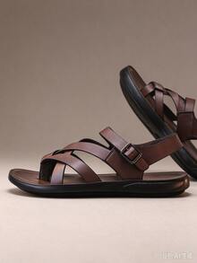 European & American Style Men's Vintage Brown Cross Strap Toe Sandals, Versatile Commuter Breathable Soft Sole Anti-Slip Back Strap Casual Slides - Brown - View 3