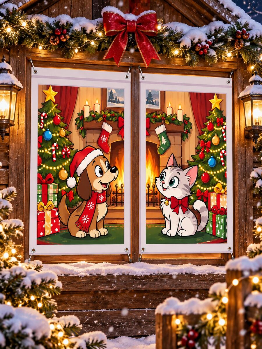 2pcs Christmas Window Decoration Banner, Cute Dog & Cat Printed Polyester Window Decor, Christmas Tree Fireplace Gift Xmas Holiday Home Decoration For Living Room, Bedroom, Party - E - View 1