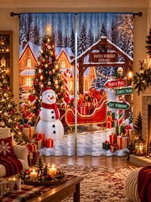 2pcs Christmas Curtains, Santa Claus Snowman Gnome Reindeer Sleigh Snowflake Print, Holiday Polyester Rod Pocket Floor Length Curtains, Soft Decorative Curtain Set, Suitable For Living Room Bedroom Holiday Party Winter Home Decor - A - View 19