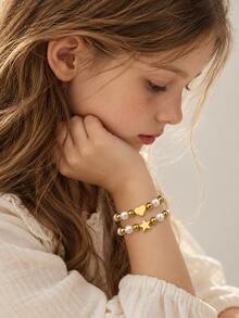 2pcs/Set Girls White Faux Pearl Beaded Bracelets Gold Tone Heart Star Charm Stackable Jewelry Kids Jewelry For Birthday Party Daily Wear Gift - Gold - View 3