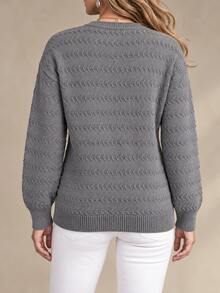 Women's Plus-Size Grey Knit Cardigan, Long Dropped Shoulders, Ribbed Details, Round Neck And Button-Down Front, Perfect For Autumn And Winter Wear. - Grey - View 2