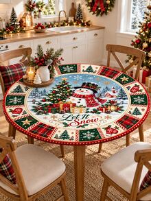 1pc Snowman Christmas Table Cover, Elastic Fitted Tablecloth, Let It Snow Snowman Winter Village Tree Gift Snowflake Print Stretch Spandex Dining Table Cover For Xmas Holiday Party Kitchen Farmhouse Home Decor - Multicolor - View 6