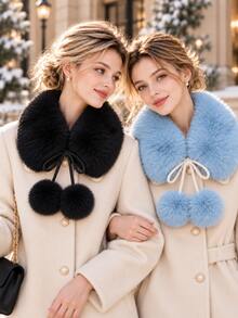 Women's Faux Fur Collar With Pom Poms, Soft Warm Detachable Neck Scarf, Elegant Winter Coat Accessory, Matching Style For Best Friends - Multicolor - View 11