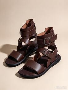 1 Pair Men's Punk High-Top Roman Sandals, Adjustable Double-Buckle Ankle Strap Open-Toe Flat Anti-Slip Vintage PU Leather Sandals With Buckle For Outdoor Beach - Brown - View 6