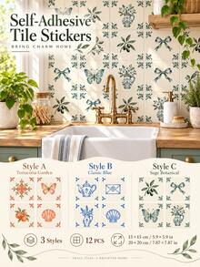 SUPSTICKER ملصقات بلاط ذاتية اللصق، 12 قطعة، حجمان 5.9 بوصة/7.87 بوصة، 3 أنماط مقاومة للماء لملصقات البلاط لديكور جدران المطبخ والحمام - 12 قطعة - مشاهدة 1