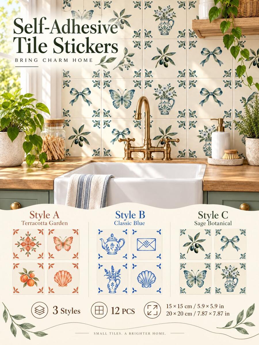 SUPSTICKER ملصقات بلاط ذاتية اللصق، 12 قطعة، حجمان 5.9 بوصة/7.87 بوصة، 3 أنماط مقاومة للماء لملصقات البلاط لديكور جدران المطبخ والحمام - 12 قطعة - مشاهدة 1