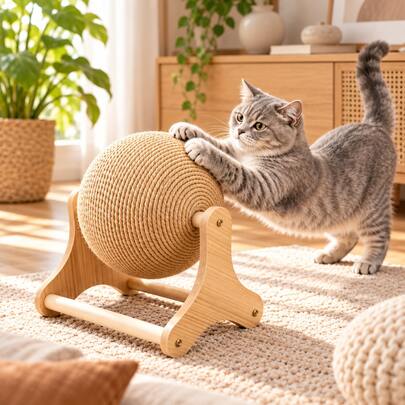 Standing Rotating Cat Scratching Ball, Home Living Room Pet Claw Sharpening Toy, Durable Scratch-Resistant Self-Entertainment Boredom Relief Cat Scratcher, Suitable For Bedroom Carpet Area, Cat House Corner, Small Apartment Cat Space