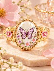 1pc Ladies' Butterfly, Sunflower, Bee Opening Ring, Retro Gold Oval Flower Design With Pink Flower Decoration, Rustic Jewelry, Nature Enthusiast Gift - Gold - View 2