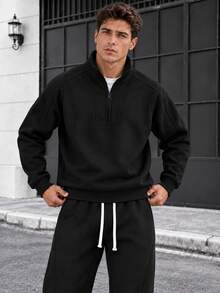 2pcs Men's Casual Sweatshirt Set, Fashionable Unique Solid Color Design, Half Zip, Slanted Pockets And Drawstring Detail, Perfect For Daily Casual Wear, Stylish Minimalist Outings, Commuting And Street Style, Suitable For Spring Autumn Winter Seasons, Can Be Used As Halloween Christmas Gift For Men - Black - View 4